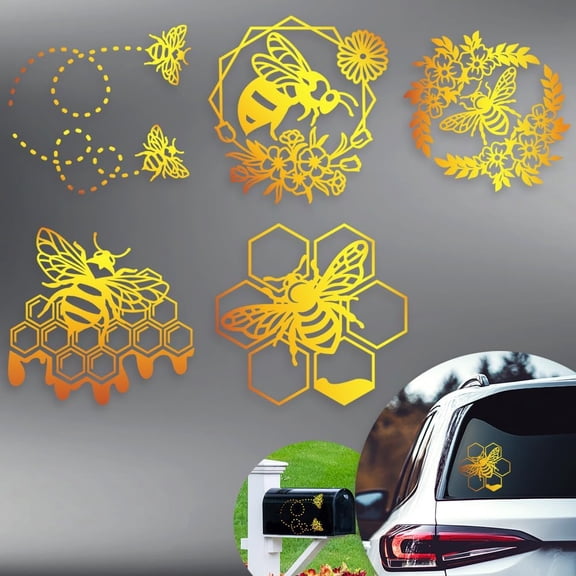 5 Styles Honeycomb Car Stickers 6.1x5.83 Inches Reflective Insect Honey Decals Vivid Bee Plastic Decoration Waterproof Decals