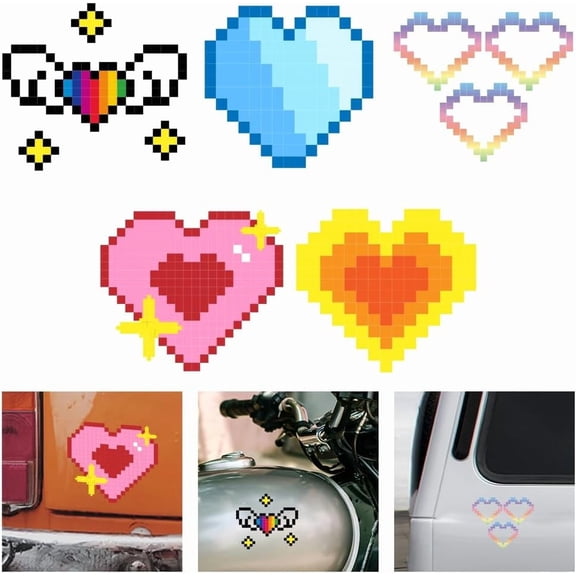 5 Styles Love Heart Vinyl Decal Stickers Love Heart Graphics Sticker Vinyl Decal Colorful Pixel Heart Reflective Waterproof Car Window Decals for Cars Truck Skateboard Cup Laptop for DIY