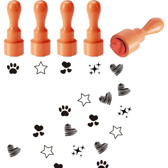 5 Styles Patterns Wooden Rubber Stamp Small Mini Stamp Star, Heart, Claw Round Rubber Stamp for DIY Making Scrapbooking Card Stamping Crafting(No Ink Include)