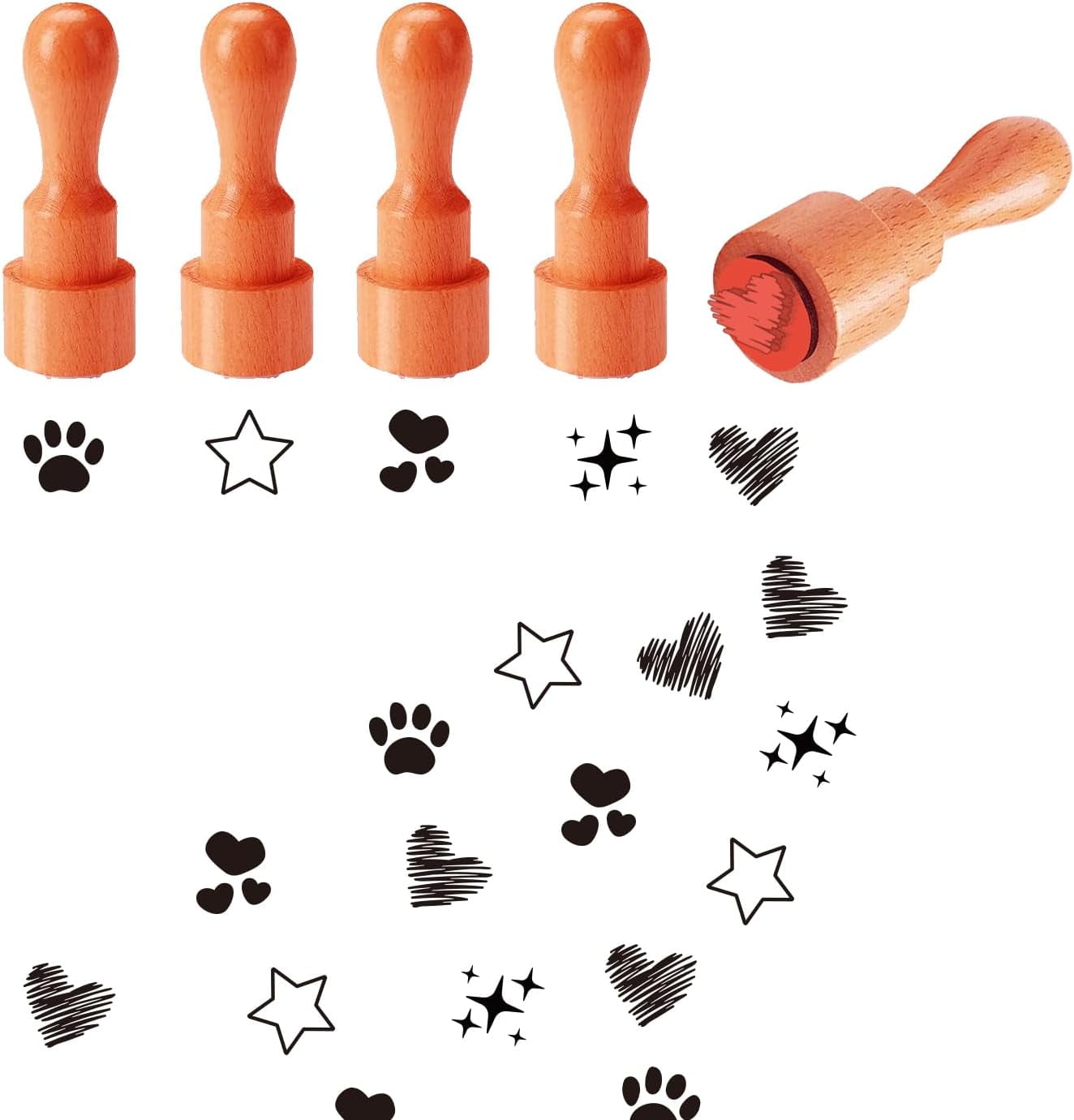 5 Styles Patterns Wooden Rubber Stamp Small Mini Stamp Star Heart Claw ...
