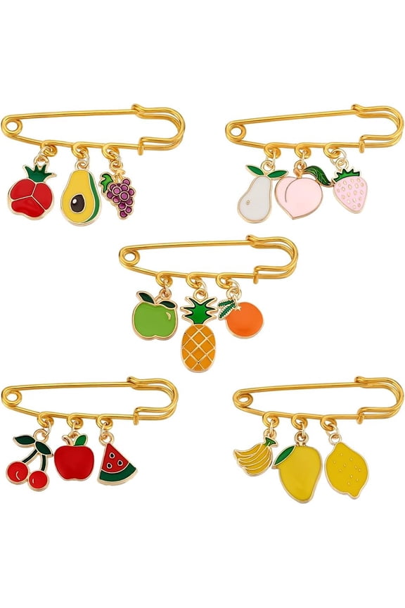 5 Styles Safety Pin Brooches 5pcs Fruit Alloy Enamel Pins Sweater Shawl Clips Orange Peach Strawberry Brooches Golden Iron Kilt Pin for Women Wedding Party Clothing Dress Decoration