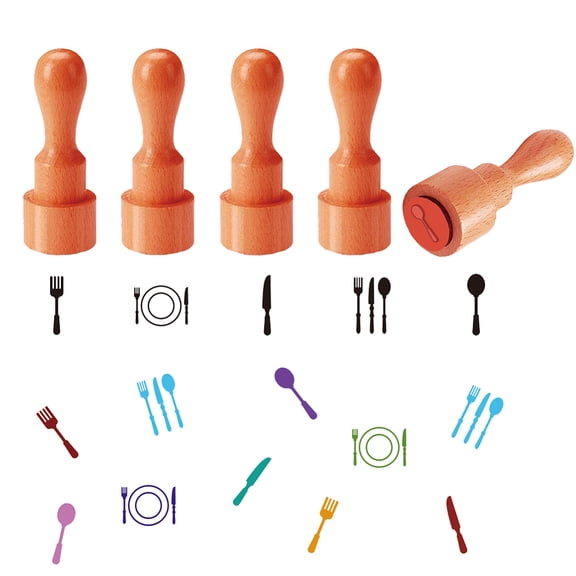 5 Styles Tableware Theme Stamps Kitchen Elements Stamp Mini Wooden Egg Stamp Unique Designs Drawing Stamps for Scrapbooking Card Making Planner Decal