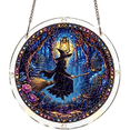 thumbnail image 1 of 5 Styles Witch Bat Black Cat Haunted House Stained Glass Acrylic Suncatchers, Round Halloween Window Hanging Ornaments Front Door Porch Decor, 1 of 8