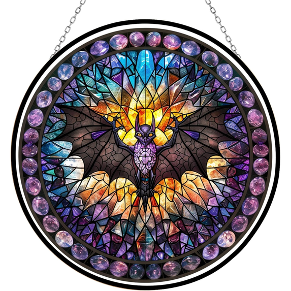 5 Styles Witch Bat Black Cat Haunted House Stained Glass Acrylic Suncatchers, Round Halloween Window Hanging Ornaments Front Door Porch Decor