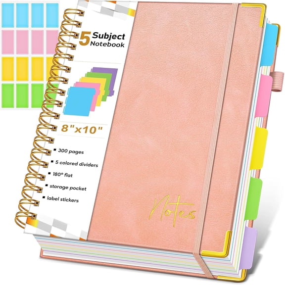 5 Subject Graph Paper Notebook with Removable Dividers Tabs, 300 Pages Hardcover Leather Grid Spiral Journal, 8"x10" B5 Large Graphing Notebooks for Women Men Work School College Engineering, Pink