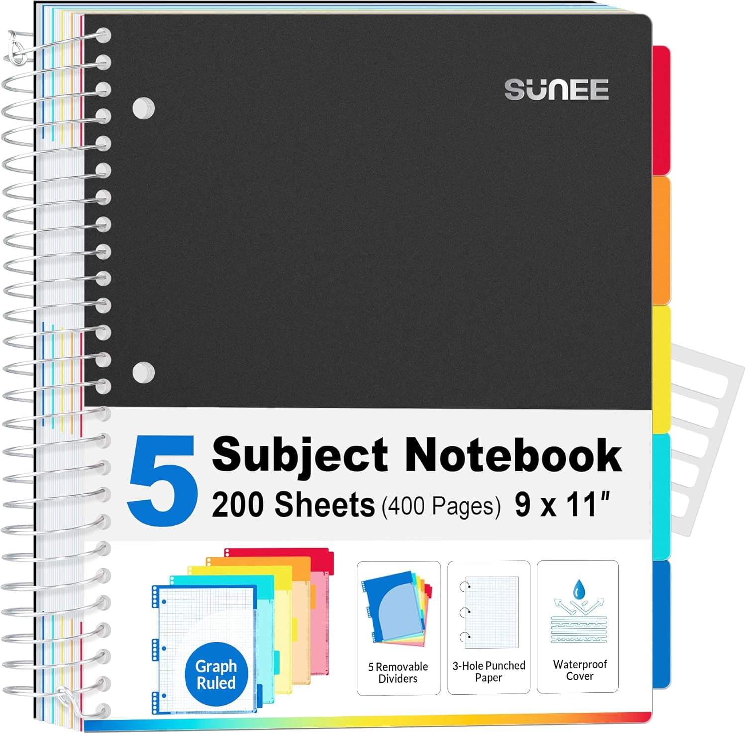 5 Subject Graph Paper Notebook - 400 Pages, 9"x11", 4x4 Graph Ruled Notebook, 5 Pocket Colored Dividers, 3-Hole Punched Paper, Black