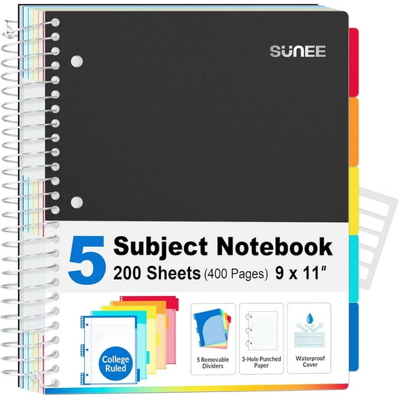 5 Subject Notebook College Ruled - 400 Pages, 9"x11", 5 Pocket Colored Dividers, 3-Hole Punched Paper, Black