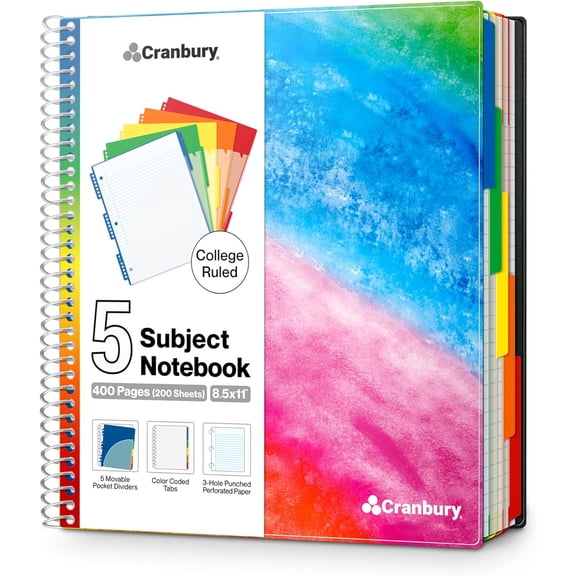 5-Subject Notebook College Ruled, Movable Pocket Dividers with Tabs, 200 Sheets (400 Pages) 8.5x11 Paper, Colorful Spiral Notebook, Protective Plastic Covers, Multi Subject