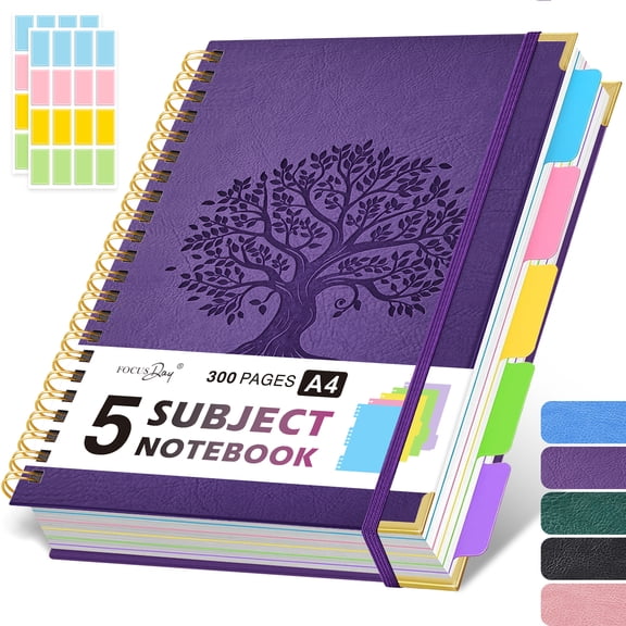 5 Subject Notebook College Ruled with Removable Dividers Tabs, 8.5"x11", A4 Hardcover Spiral Notebook with 100GSM Thick Paper, Inner Pocket, Golden Tree Embossed Cover Journal for Note Taking
