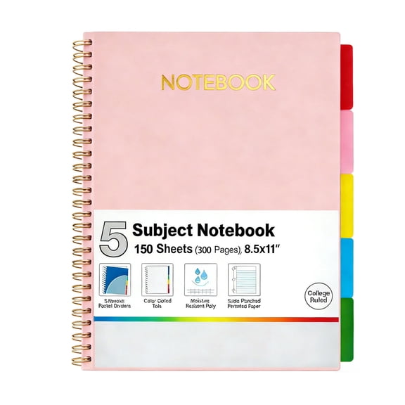 5 Subject Notebook College Ruled Spiral Notebook Journal with Removable Dividers Tabs 300 Pages 8.5"x11" 5 Pocket Colored Dividers, 3-Hole Punched Paper for Work Women Pink