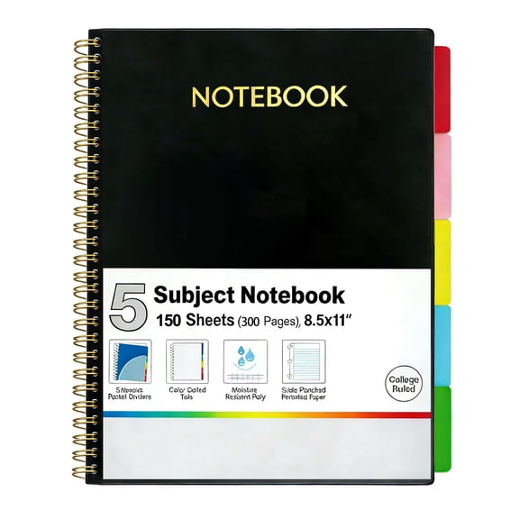5 Subject Notebook College Ruled Spiral Notebook Journal with Removable Dividers Tabs 300 Pages 8.5"x11" 5 Pocket Colored Dividers, 3-Hole Punched Paper for Work Women Black