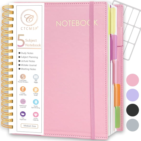 CTCMSP 5 Subject Spiral Notebook,Leather Hardcover Notebook with Removable Dividers Tabs,College Ruled Organizer Notebooks for Work Study Office Academic Supplies,300Pages