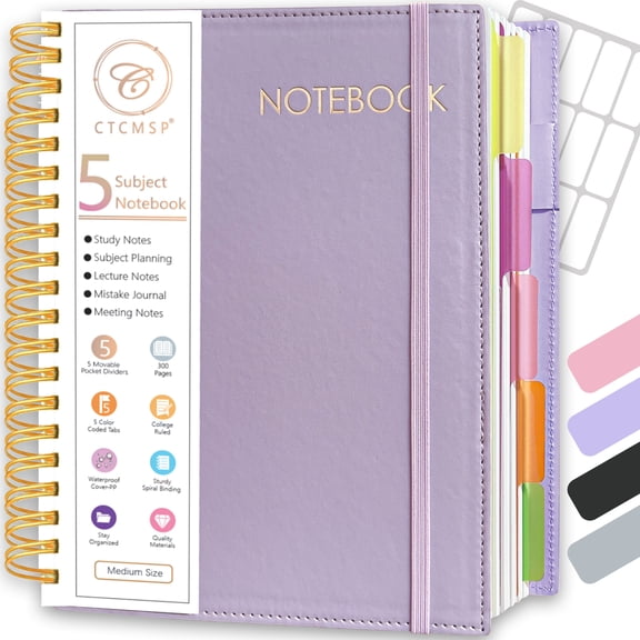 CTCMSP 5 Subject Spiral Notebook,Leather Hardcover Notebook with Removable Dividers Tabs,College Ruled Organizer Notebooks for Work Study Office Academic Supplies,300Pages