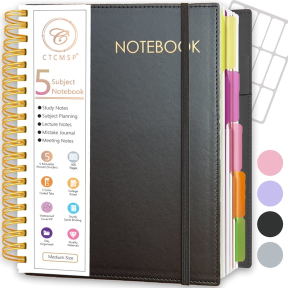CTCMSP 5 Subject Spiral Notebook,Leather Hardcover Notebook with Removable Dividers Tabs,College Ruled Organizer Notebooks for Work Study Office Academic Supplies,300Pages