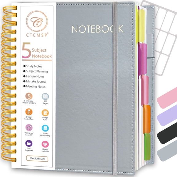 CTCMSP 5 Subject Spiral Notebook,Leather Hardcover Notebook with Removable Dividers Tabs,College Ruled Organizer Notebooks for Work Study Office Academic Supplies,300Pages