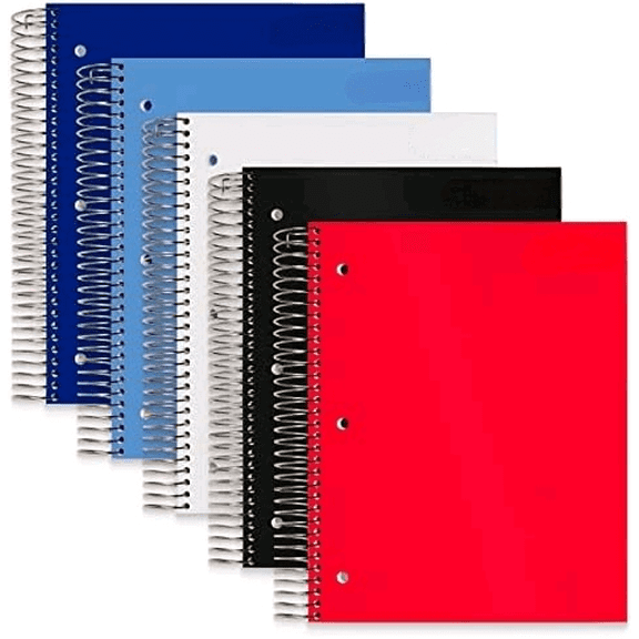 5-Subject Spiral Notebook, 5 Pack, Assorted Color Poly Covers, College Rule, 200 Sheet Notebook with 4 Two-Sided Pocket Dividers, 11 x 8.5 inches$$Office