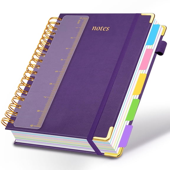 5 Subject Spiral Notebook, Hardcover Faux Leather Journal with Removable Dividers, 300 Pages College Ruled, 8x10 Inch for Work Office, Purple