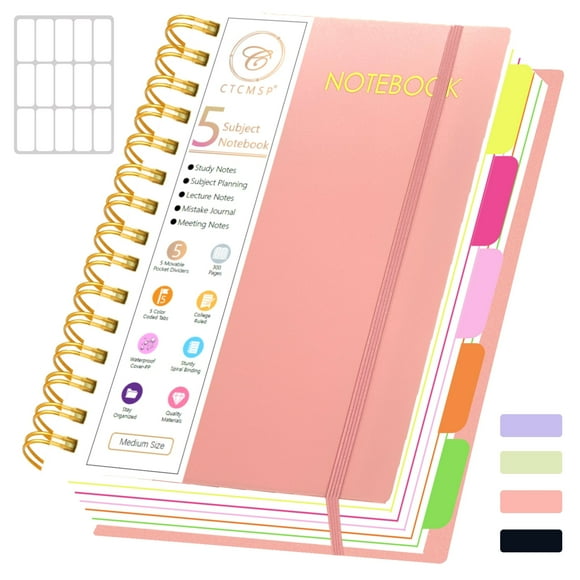 5 Subject Spiral Notebook with Removable Dividers Tabs Hardcover Notebook Journal for Women Men,Perfect for Academic Supplies,College Ruled,300 Pages