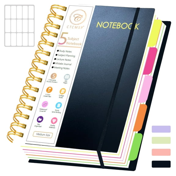 5 Subject Spiral Notebook with Removable Dividers Tabs Hardcover Notebook Journal for Women Men,Perfect for Academic Supplies,College Ruled,300 Pages