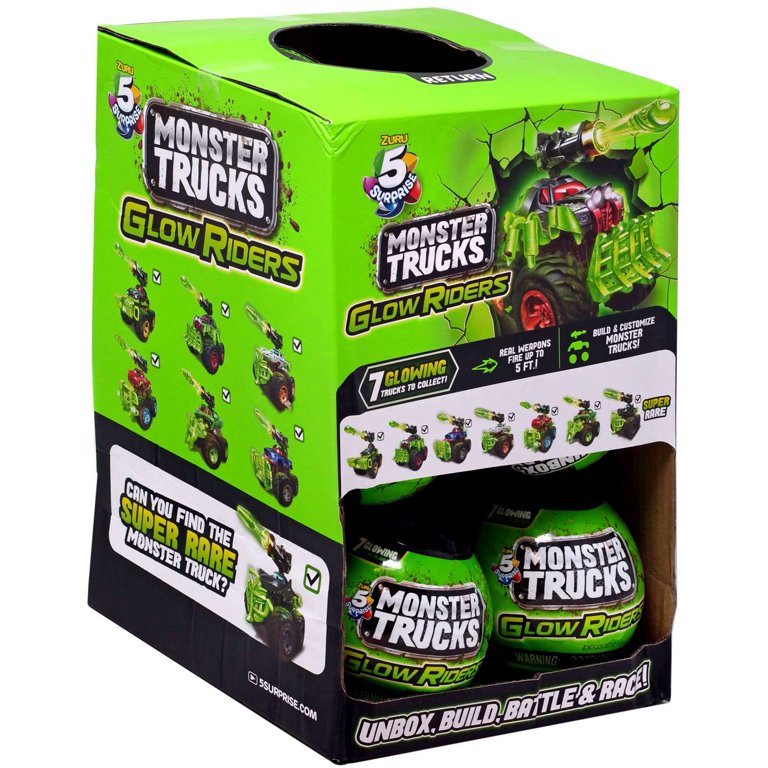 5 Surprise Monster Trucks Series 2 Glow Riders Mystery Box