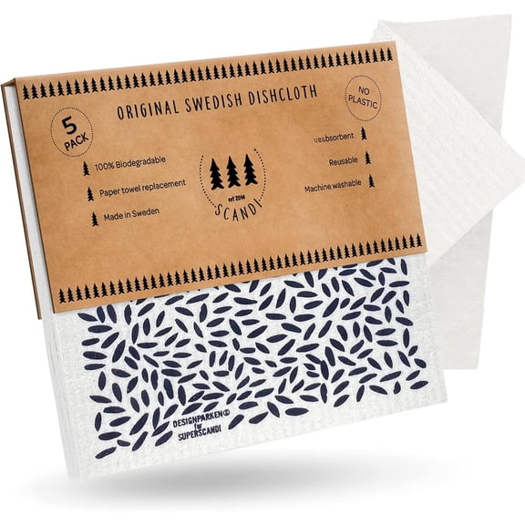 5 Swedish Dishcloths for Kitchen - Biodegradable & Paper Towels Washable, -Safe & Without - Dish Rags Suitable for Any Surface, Leaves