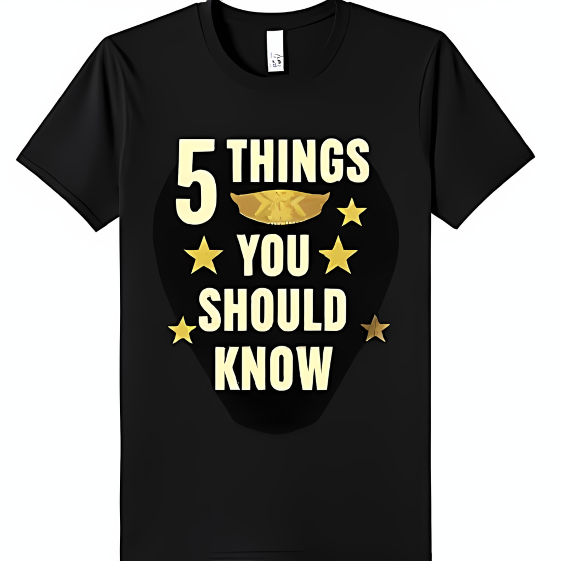 5 THINGS YOU SHOULD KNOW Black TShirt with Gold Stars & Design