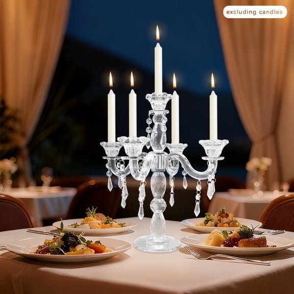 5 Taper Candle Crystal Candelabra With Hanging Pendants, Classic Desktop Candlestick For Wedding Banquet And Home Dining Table Center Decor