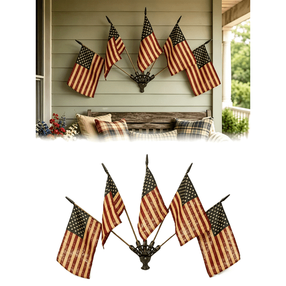 5 Tea-Stained Flags Holder, Vintage Primitive Wall Art Decor with Wooden Sticks, Farmhouse Patriotic Flag Holder Bracket for Porch Home Country Decoration(RL)
