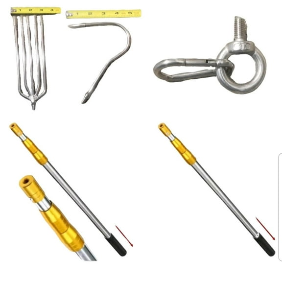 Fish Hook Gaff & 5-Teeth Harpoon Spear Head Kit with 10ft Telescopic Pole, Live Bait Hoop Net Clip, Chum Bag & Carry Bag