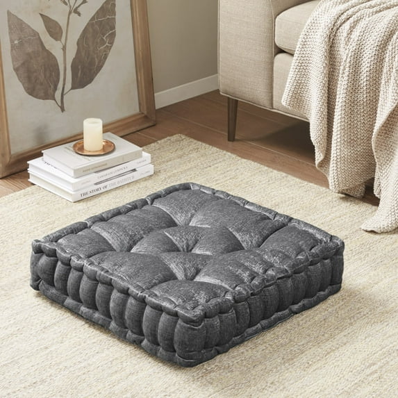 5″ Thick Tufted Floor Pillow Cushion with Scalloped Edge Design,Square Floor Pillow for Bedroom and Living Room,Charcoal