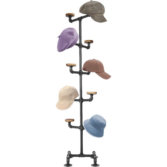 5 Tier 10 Hooks Floor-Standing Hat Cap Rack, Industrial Metal Pipe Hats Wig Display Hanger for Home or Retail Store, 13.4 * 13.4 * 61in (Black)