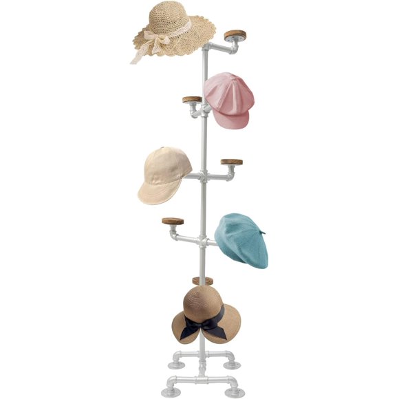 5 Tier 10 Hooks Floor-Standing Hat Cap Rack, Industrial Metal Pipe Hats Wig Display Hanger for Home or Retail Store, 13.4 * 13.4 * 61in (Silver)