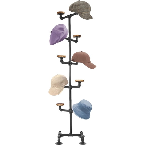 5 Tier 10 Hooks Floor-Standing Hat Cap Rack, Metal Pipe Hats Wig Display Hanger for Home or Retail Store, 13.4 * 13.4 * 61in (Black)