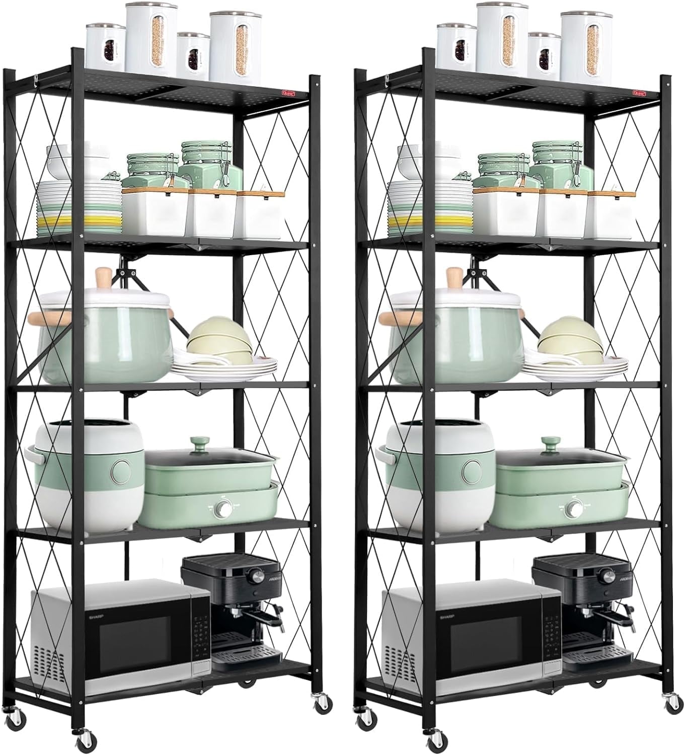 5-Tier 2 Pack Foldable Storage Shelf with Wheels, Heavy Duty Metal Shelf, Kitchen Shelving Units, 27.9"x13.4"x62.5", Black