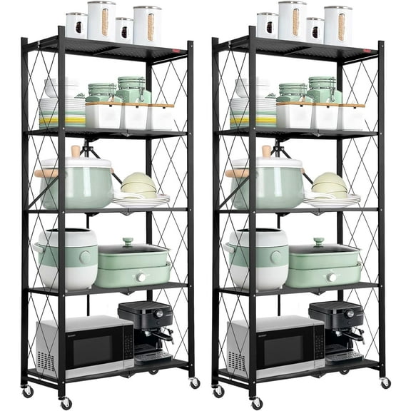 5-Tier 2 Pack Foldable Storage Shelf with Wheels, Heavy Duty Metal Shelf, Kitchen Shelving Units, 27.9"x13.4"x62.5", Black
