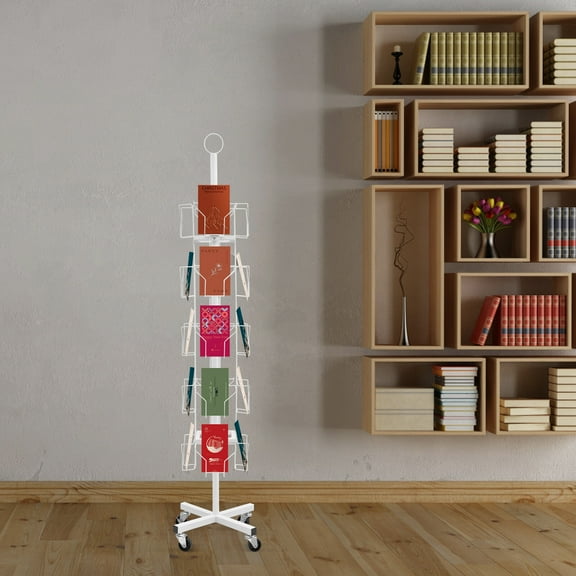 5-Tier 20 Pocket Card Display Stand with Wheels, Rotating Steel Organizer for Greeting Cards