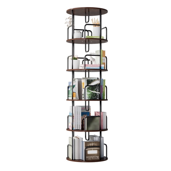 5 Tier 360 °   Rotating Bookcase Tower - Narrow Tall Revolving Storage Organizer, for Bedroom & Living Room, Brown