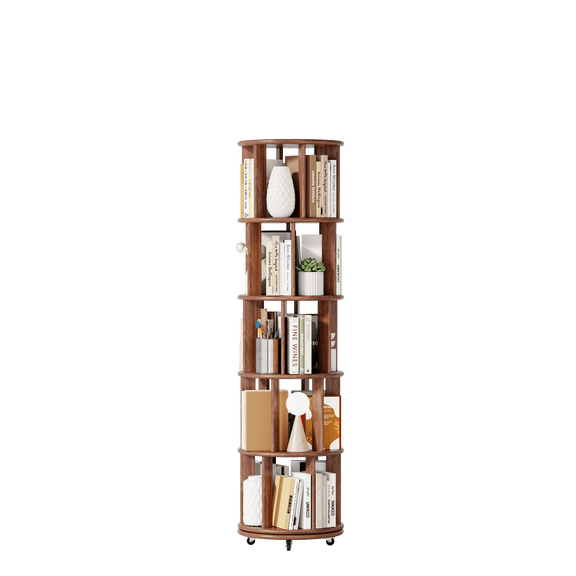 5-Tier 360° Rotating Bookshelf, 100% Solid Wood Round Revolving Bookcase with Lockable Wheels, Freestanding Spinning Storage Tower, Narrow Rolling Corner Organizer for Small Space, Bedroom, Office an
