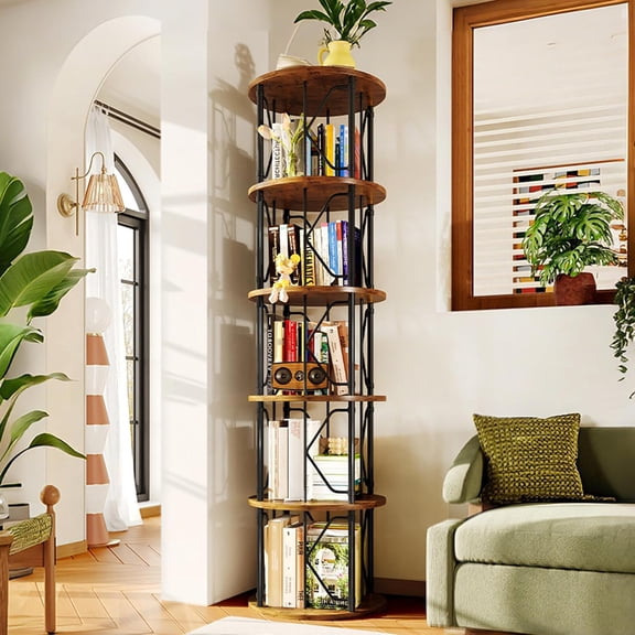 5 Tier 360 Rotating Bookshelf Tower in Black and Brown 62.5 Inches Tall