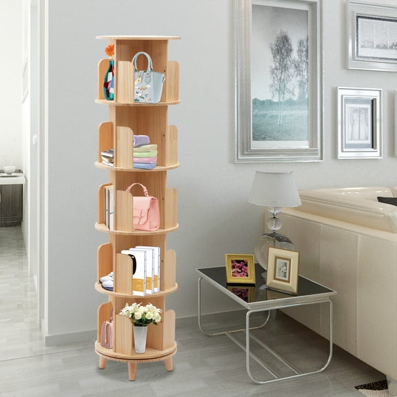 5 Tier 360 Rotating Cylindrical Bookshelf Bookcase Storage Shelf Freestanding Display Rack Loading 110lbs 69*17.72in for Corridors, Living Rooms, Study Rooms