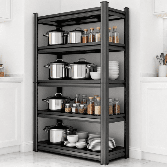 5 Tier 40"W x 72"H x 16"D Pot Pan Rack Adjustable Heavy Duty Pot and Pan Organier Storage Shelf Heat Resistant Black Metal Shelf with Storage 3000LBS Racks for Frying Pan Kitchen Pantry Dinning Room