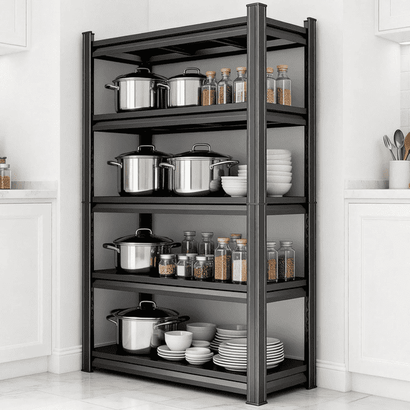 5 Tier 40"W x 72"H x 16"D Pot Pan Rack Adjustable Heavy Duty Pot and Pan Organier Storage Shelf Heat Resistant Black Metal Shelf with Storage 3000LBS Racks for Frying Pan Kitchen Pantry Dinning Room