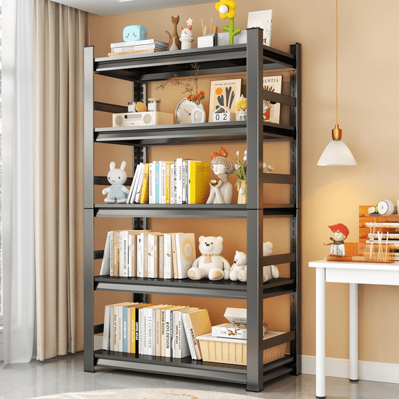 5 Tier 36"W x 72"H x 16"D Pot Pan Rack with Fences Adjustable Pot and Pan Organier Storage Shelf Heat Resistant Black Metal Shelf with Storage 3000LBS Racks for Frying Pan Kitchen Pantry Dinning Room