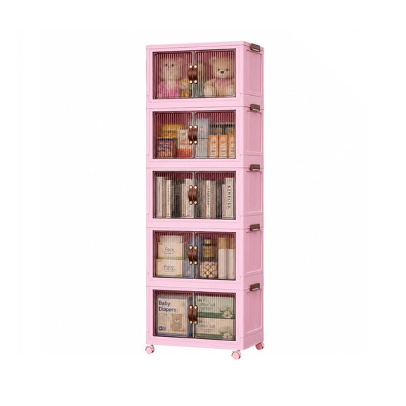5 Tier 48Qt Stackable Storage Bins with Lid & Doors, Foldable Collapsible Plastic Storage Cabinet with Wheels, Closet Organizer for Bedroom, Dorm, Pantry, Office Pink S