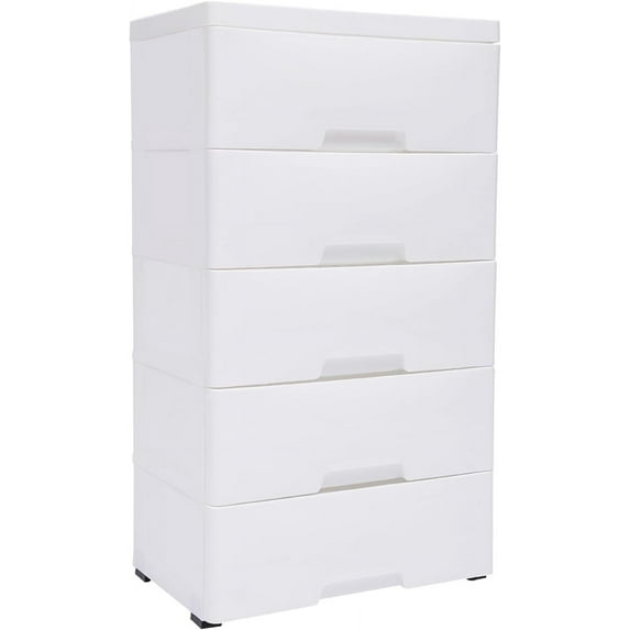 5 Tier 5 Drawer Plastic Storage Cabinet White Home Vertical Stackable Clothes Storage Cabinet with Wheels Bedroom Plastic Drawers Dresser Storage Cabinet 11.4" D x 17.1" W x 31.5" H