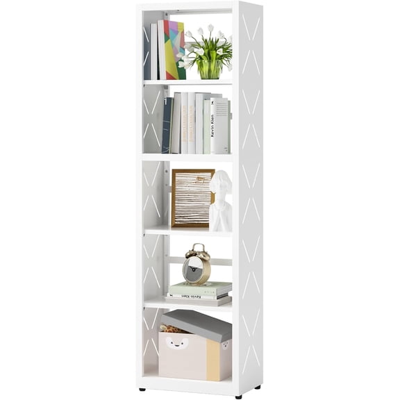 5 Tier 55 Inch White Metal Bookcase with Adjustable Layers & Anti-Tip Hardware, X Cutout Side Frame Freestanding Storage Organizer Shelf for Living Room Kitchen Garage Office