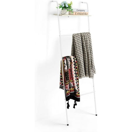 5-Tier 57.7 in. Farmhouse Wall Mounted Ladder Quilt Rack with Shelf, White (LT-BFE138)