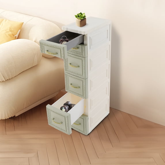 5-Tier 6-Drawer Narrow Storage Cabinet with Wheels, Slim Plastic Vertical Organizer, Mobile Rolling Utility Cart for Small Space Office Living Room Bedroom Garage (Green)
