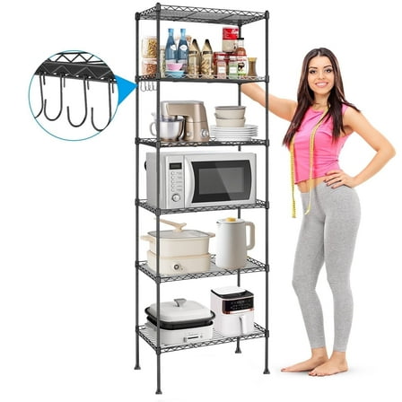 6-Tier Shelf Rack Wire Shelving Unit Storage Height Adjustable Metal Shelf with 4 Side Hooks, 260lbs Capacity Free Standing Rack Organization for Kitchen Bedroom Garage