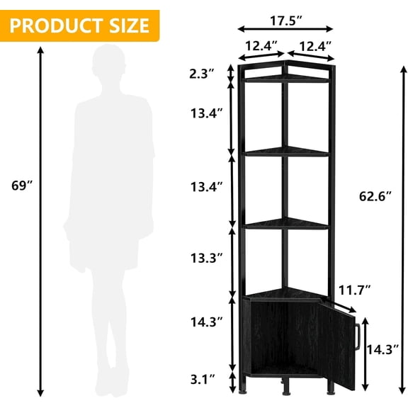 5-Tier 62.8” Black Oak Corner Shelf with LED Light, Wood Storage Cabinet Display Bookcase | Hot Pick | Sturdy Standing Organizer for Living Room Bedroom Kitchen